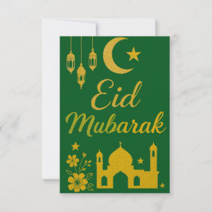 Eid Mubarak - Green and Gold Mosque Flowers Invitation