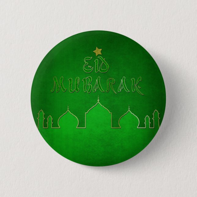 Eid Mubarak Green Gold Mosque 6 Cm Round Badge (Front)