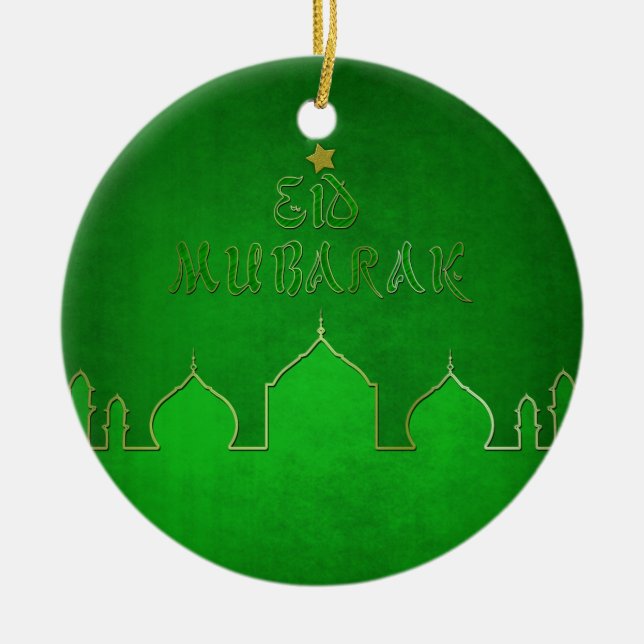Eid Mubarak Green Gold Mosque Ceramic Tree Decoration (Front)