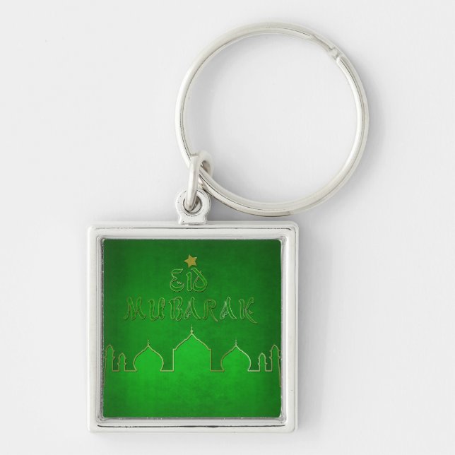Eid Mubarak Green Gold Mosque Key Ring (Front)