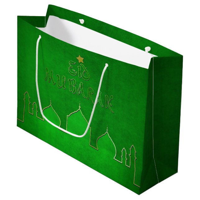 Eid Mubarak Green Gold Mosque Large Gift Bag (Front Angled)