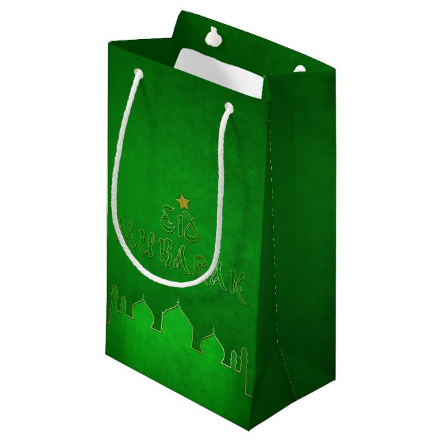 Eid Mubarak Green Gold Mosque Small Gift Bag (Front Angled)