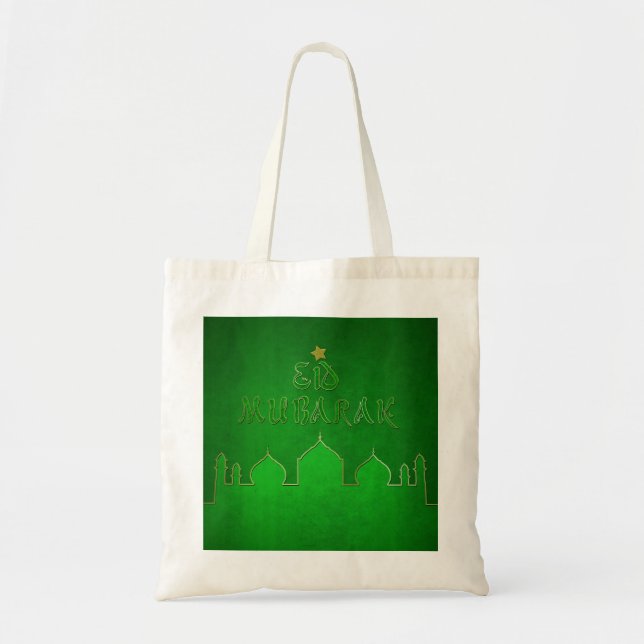 Eid Mubarak Green Gold Mosque Tote Bag (Front)