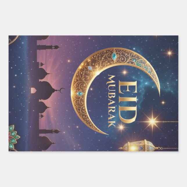 Eid Mubarak Islamic celebration Gold And navy Wrapping Paper Sheet (Front 2)