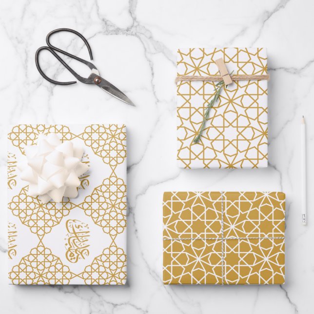 Eid Mubarak Islamic geometric gold pattern Wrapping Paper Sheet (Front)