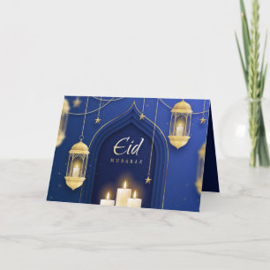 Eid Mubarak Islamic Lantern Star Candle Blue  Holiday Card
