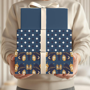 Eid Mubarak Kids Blue Moon Lantern Pattern Quote Wrapping Paper Sheet