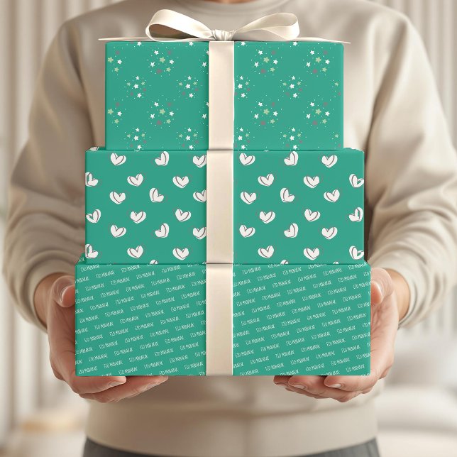 Eid Mubarak Kids Green Star Hearts Pattern Quote Wrapping Paper Sheet (Creator Uploaded)
