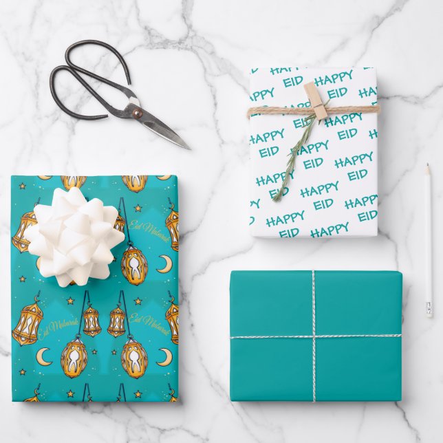 Eid Mubarak Kids Moon and Lantern Teal Wrapping Paper Sheet (Front)