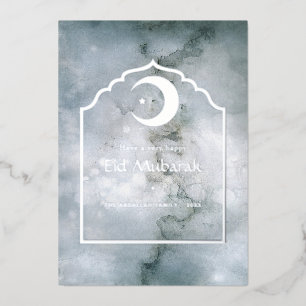 Eid Mubarak Marble Silver Foil Holiday Card