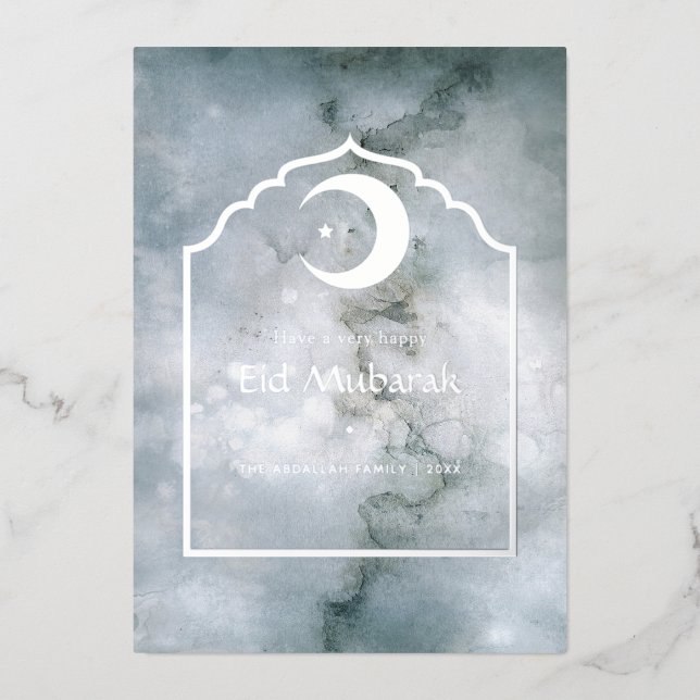 Eid Mubarak Marble Silver Foil Holiday Card (Front)