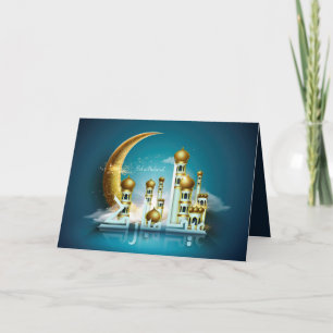 Eid Mubarak Moon Mosque Arabic Calligraphy Blue Holiday Card