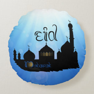 Eid Mubarak Mosque with Sunrays - Round Pillow