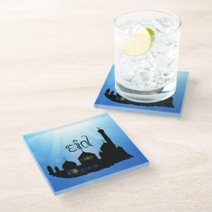 Eid Mubarak Mosque with Typography Glass Coaster