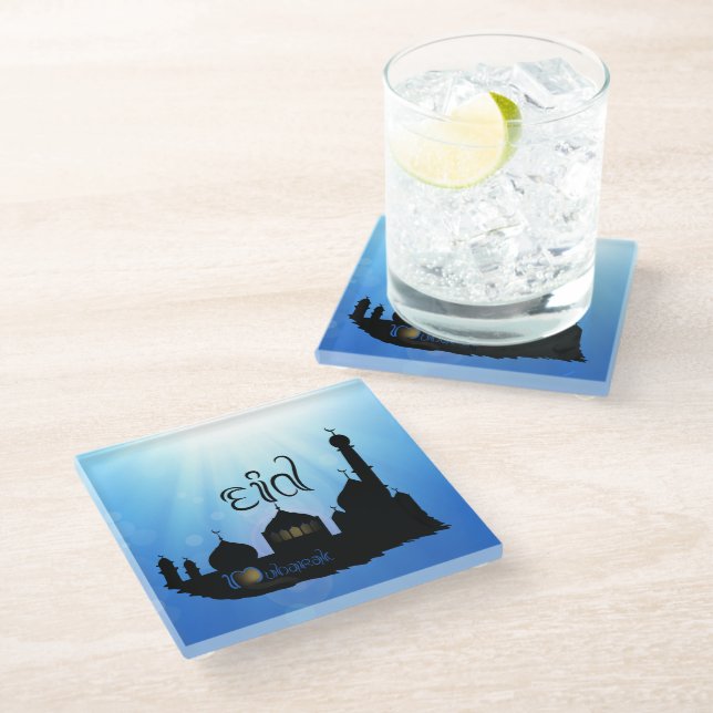 Eid Mubarak Mosque with Typography Glass Coaster (Angled)