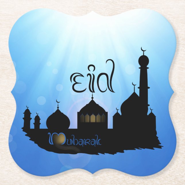 Eid Mubarak Mosque with Typography Paper Coaster (Front)