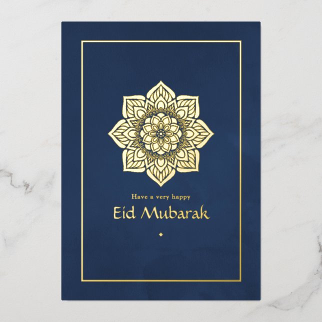 Eid Mubarak Navy Blue and Gold Foil Holiday Card (Front)