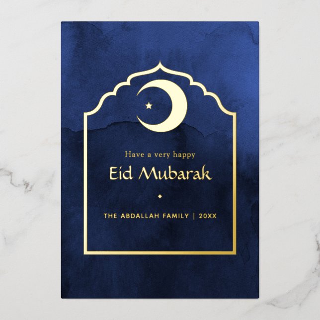 Eid Mubarak Navy Blue and Gold Foil Holiday Card (Front)