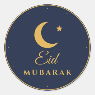 Eid Mubarak Navy Gold Crescent Round Stickers
