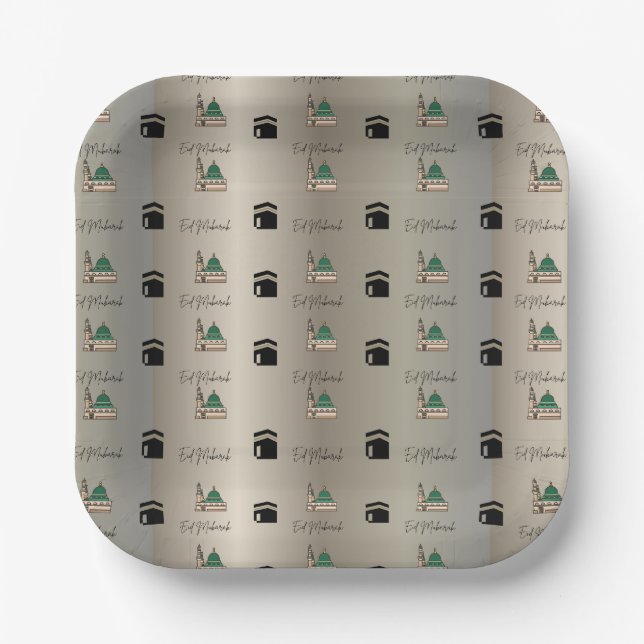Eid Mubarak Paper Plate|Gold Kaaba & Masjid Nabawi Paper Plate (Front)