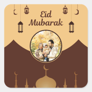 Eid Mubarak Photo Frame Mosque Skyline Art Square Sticker
