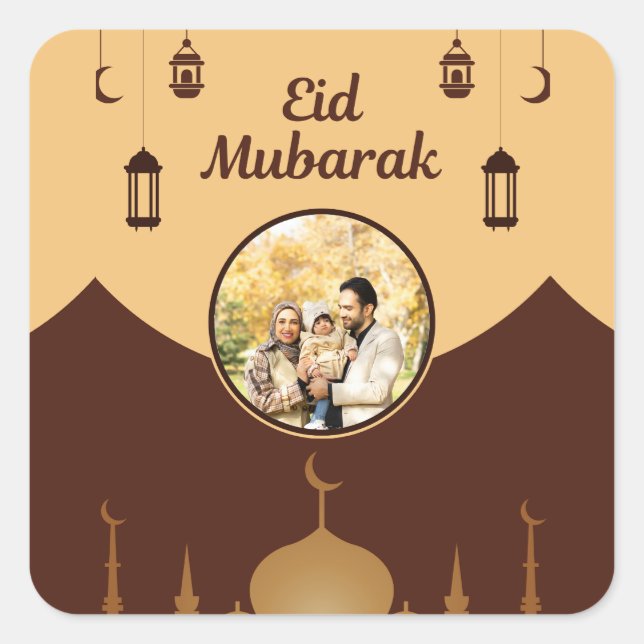 Eid Mubarak Photo Frame Mosque Skyline Art Square Sticker (Front)