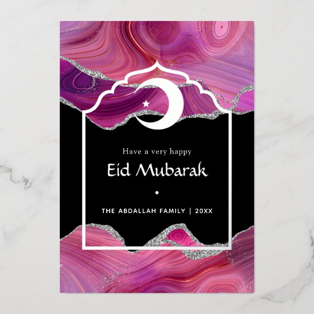 Eid Mubarak Pink and Silver Agate Foil Holiday Car (Front)