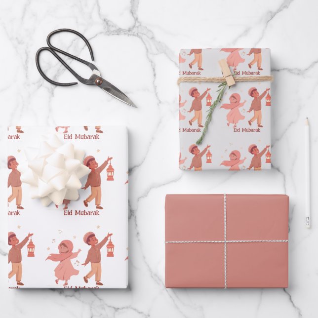 Eid Mubarak Pink Kids gift Wrapping Paper Sheet (Front)