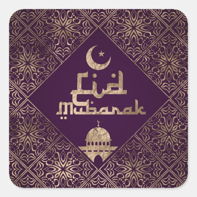 Eid Mubarak - Purple and Gold decor Square Sticker (Front)