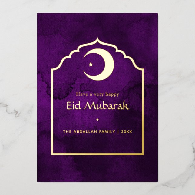 Eid Mubarak Purple and Gold Foil Holiday Card (Front)