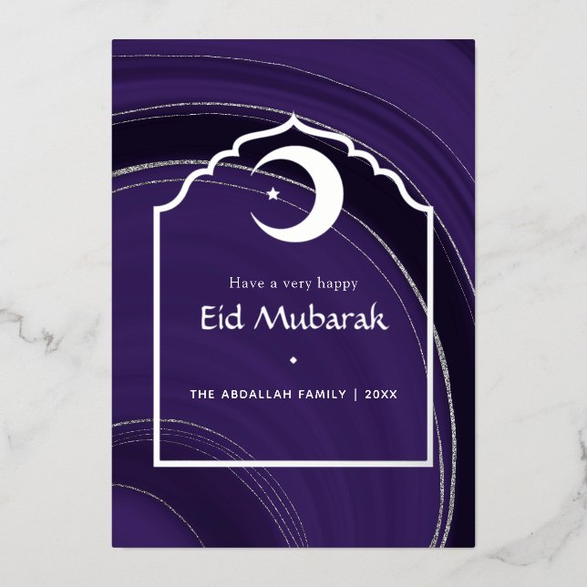 Eid Mubarak Purple and Silver Agate Foil Holiday C (Front)