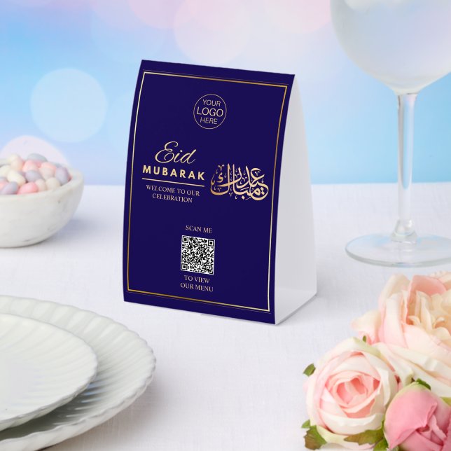 Eid Mubarak QR Code Table Tent Blue Gold Menu Sign (Insitu(Wedding))