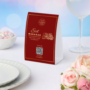 Eid Mubarak QR Code Table Tent Red Gold Islamic