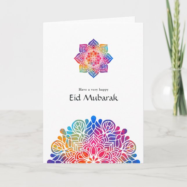 Eid Mubarak Rainbow Mandala Family Photo Greeting Holiday Card (Front)
