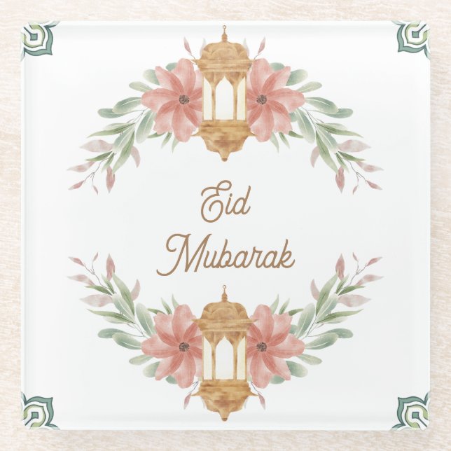 Eid Mubarak |Ramadan Mubarak  Flowers Wreath Lamp  Glass Coaster (Front)