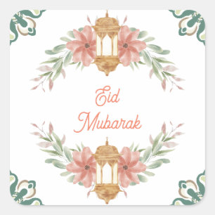 Eid Mubarak  Ramadan Mubarak  Flowers Wreath Lamp  Square Sticker