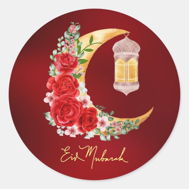 Eid Mubarak Red Floral Cresent Islamic Lantern Classic Round Sticker (Front)
