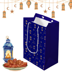 Eid Mubarak Sapphire Blue + Gold Lanterns Moon Medium Gift Bag