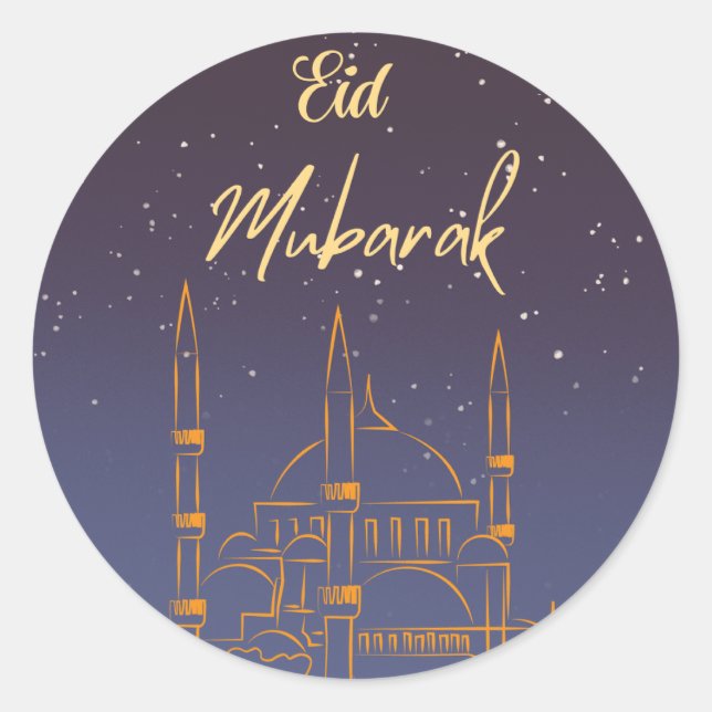 Eid Mubarak Starry Sky Gold Outlined Mosque  Classic Round Sticker (Front)