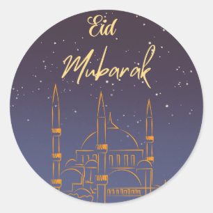 Eid Mubarak Starry Sky Gold Outlined Mosque  Classic Round Sticker
