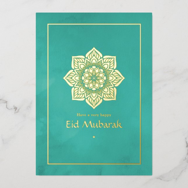 Eid Mubarak Turquoise and Gold Foil Holiday Card (Front)
