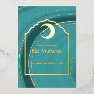 Eid Mubarak Turquoise - Teal and Gold Agate Foil H Holiday Card