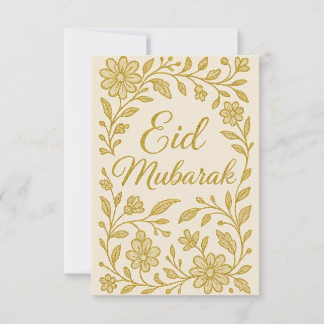 Eid Mubarak - White and Gold Mosque Flowers Invitation (Front)