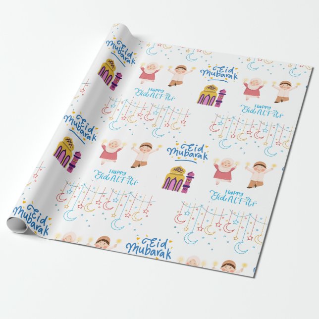 Eid Mubarak White For Kids Wrapping Paper (Unrolled)