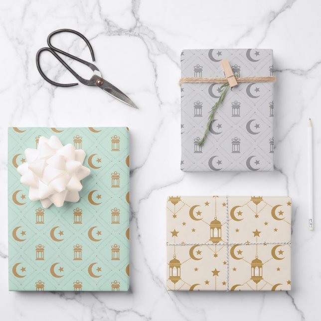  Eid or Ramadan Lanterns & Crescent Seamless  Wrapping Paper Sheet (Front)