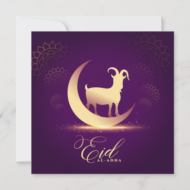 Eid ul Adha Mubarak Crescent Goat Gold Purple  Holiday Card (Front)