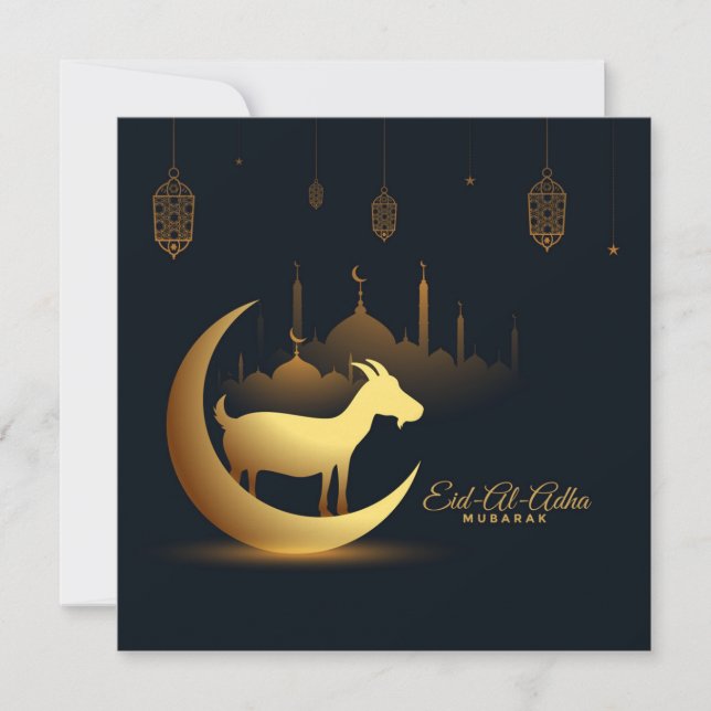 Eid Ul Adha Mubarak Crescent Mosque Goat Gold Holiday Card (Front)