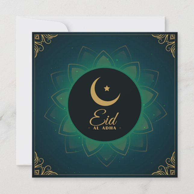 Eid ul Adha Mubarak Crescent Star Green Gold Holiday Card (Front)