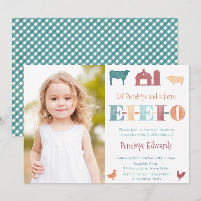 EIEIO Fall Old MacDonald Girl Birthday Party Photo Invitation (Front/Back)