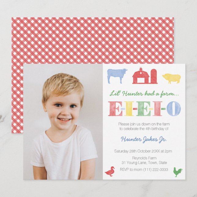 EIEIO Old MacDonald Farm Birthday Party for Boy Invitation (Front/Back)